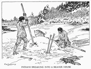 BEAVER HUNTING. Native Americans, wearing leather clothing against the cold and snow BEAVER HUNTING. Native Americans, wearing leather clothing against the cold and snow