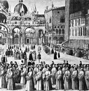 BELLINI: ST. MARK'S SQUARE. Procession in St. Marks Square. Detail, oil on canvas BELLINI: ST. MARK'S SQUARE. Procession in St. Marks Square. Detail, oil on canvas