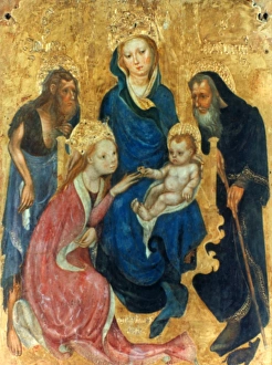 BESOZZO: ST. CATHERINE. Mystical Marriage of St. Catherine of Alexandria. St. Catherine kisses the hand of the infant Jesus, who is being held by the Virgin Mary. John the Baptist and Saint Anthony Abbot are in the background. Panel, c1404, by Michelino da Bessozzo BESOZZO: ST. CATHERINE. Mystical Marriage of St. Catherine of Alexandria. St. Catherine kisses the hand of the infant Jesus, who is being held by the Virgin Mary. John the Baptist and Saint Anthony Abbot are in the background. Panel, c1404, by Michelino da Bessozzo