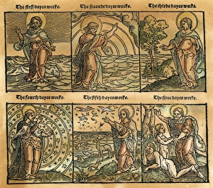 BIBLE: THE CREATION. Woodcut from Miles Coverdales Bible, 1535, depicting the BIBLE: THE CREATION. Woodcut from Miles Coverdales Bible, 1535, depicting the