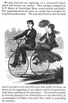 Tandem Gallery: BICYCLE BUILT FOR TWO. Wood engraving, 1869, American