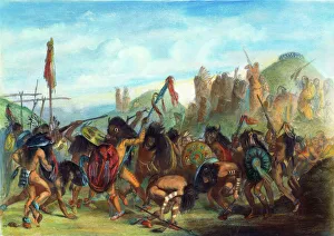 Karl Bodmer Gallery: Bison dance of the Mandan Native Americans in front of their medicine lodge