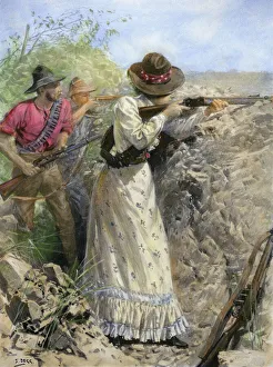 BOER WAR, 1900. Mrs. Davies, a British settler, firing on Boer positions during BOER WAR, 1900. Mrs. Davies, a British settler, firing on Boer positions during