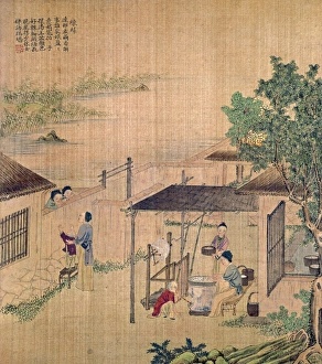 Boiling silkworm cocoons. Chinese silk painting, c1650-1726 Boiling silkworm cocoons. Chinese silk painting, c1650-1726