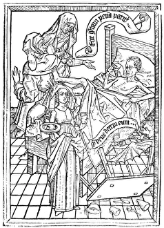 BOOKS: INCUNABULUM, c1450. The fifth plate, Impatience, from a Netherlandish Ars Moriendi BOOKS: INCUNABULUM, c1450. The fifth plate, Impatience, from a Netherlandish Ars Moriendi