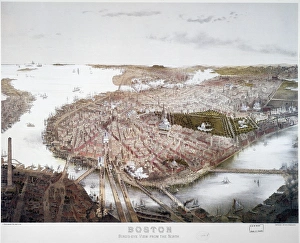 BOSTON, 1877. Birds eye view of Boston from the north. Lithograph, 1877, by John Bachmann BOSTON, 1877. Birds eye view of Boston from the north. Lithograph, 1877, by John Bachmann