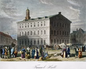BOSTON: FANEUIL HALL, 1776. Faneuil Hall, Boston, Massachusetts, as it appeared in 1776: colored engraving