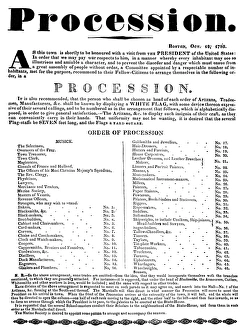 BOSTON: PROCESSION, 1789. Announcement, 19 October 1789, of a procession to honor BOSTON: PROCESSION, 1789. Announcement, 19 October 1789, of a procession to honor