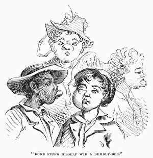 BOYS WITH BEE STINGS. Done Stung Hisself Wid A Bumbly-Bee. Wood engraving, American, 1876, after David Hunter Strother (known as Porte Crayon) BOYS WITH BEE STINGS. Done Stung Hisself Wid A Bumbly-Bee. Wood engraving, American, 1876, after David Hunter Strother (known as Porte Crayon)