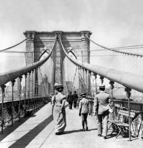 Print of the Brooklyn Bridge pedestrian promenade, c1899
