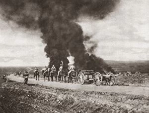 British artillery passing on a road and targeted by enemy air raid bombers