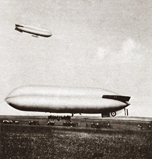 The British C-2 (in flight) and C-9 (on ground) airships, photographed during World War I The British C-2 (in flight) and C-9 (on ground) airships, photographed during World War I