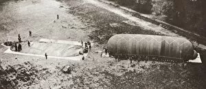 British observation balloon partially inflated at an airfield during World War I. Photograph, c1916