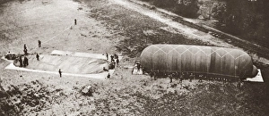 British observation balloon partially inflated at an airfield during World War I. Photograph British observation balloon partially inflated at an airfield during World War I. Photograph