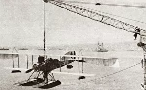 British seaplane being launched from a warship during World War I. Photograph, c1916
