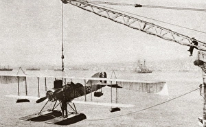 British seaplane being launched from a warship during World War I. Photograph, c1916 British seaplane being launched from a warship during World War I. Photograph, c1916