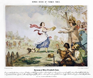(c1766-c1831). American pioneer. Elizabeth Betty Zane passing through hostile Indian lines to obtain gunpowder for (c1766-c1831). American pioneer. Elizabeth Betty Zane passing through hostile Indian lines to obtain gunpowder for