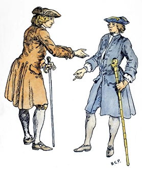 CANES, c1738. Englishmen carrying fashionable canes with carved heads, c1738. Drawing CANES, c1738. Englishmen carrying fashionable canes with carved heads, c1738. Drawing