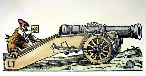 Images Dated 6th June 2006: CANNON, 16th CENTURY. Sighting a cannon in the 16th century. Contemporary woodcut
