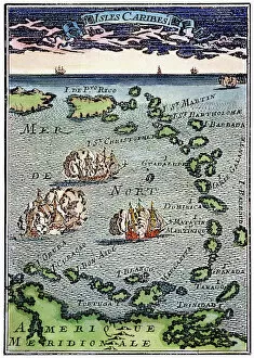 CARIBBEAN MAP. A map of the Caribbean islands: woodcut, French, c. 1688