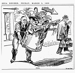 Cartoon depicting newly elected President Franklin Delano Roosevelt throwing out the Cartoon depicting newly elected President Franklin Delano Roosevelt throwing out the