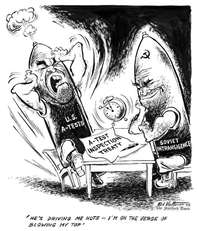 CARTOON: NUCLEAR TEST BAN, 1962. Hes driving me nuts - I' CARTOON: NUCLEAR TEST BAN, 1962. Hes driving me nuts - I'