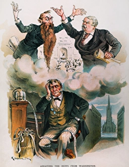 CARTOON: PANIC OF 1893. Awaiting the News from Washington. American cartoon by Joseph Keppler, Jr. on the bank panic of 1893, depicting an anxious Wall Street awaiting word from Washington, where the Senate is debating repeal of the Sherman Silver Act CARTOON: PANIC OF 1893. Awaiting the News from Washington. American cartoon by Joseph Keppler, Jr. on the bank panic of 1893, depicting an anxious Wall Street awaiting word from Washington, where the Senate is debating repeal of the Sherman Silver Act