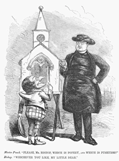 CARTOON: PUSEYISM , 1851. Master Punch. Please, Mr. Bishop, which is Popery CARTOON: PUSEYISM , 1851. Master Punch. Please, Mr. Bishop, which is Popery