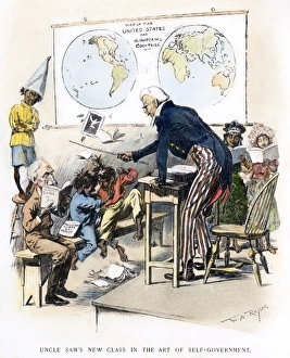 CARTOON: SPANISH-AMERICAN WAR, 1898. The United States, as Uncle Sam the school teacher CARTOON: SPANISH-AMERICAN WAR, 1898. The United States, as Uncle Sam the school teacher