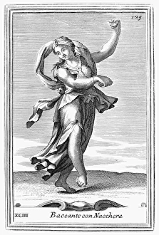 CASTANETS, 1723. A dancer with castanets. Copper engraving, 1723, by Arnold van Westerhout CASTANETS, 1723. A dancer with castanets. Copper engraving, 1723, by Arnold van Westerhout
