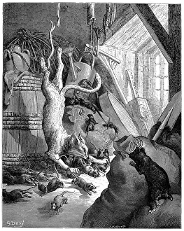 CAT AND THE OLD RAT, 1868. Wood engraving after Gustave Dor CAT AND THE OLD RAT, 1868. Wood engraving after Gustave Dor