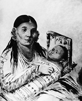CATLIN: IROQUOIS MOTHER. Che-Ah-Ka-Tchee, an Iroquois woman, holding her child in a cradleboard CATLIN: IROQUOIS MOTHER. Che-Ah-Ka-Tchee, an Iroquois woman, holding her child in a cradleboard