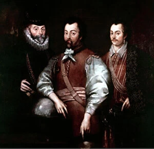 CAVENDISH, DRAKE & HAWKINS. English admirals and navigators. Left to right: Thomas Cavendish (1560-1592)