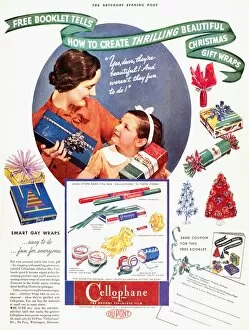 CELLOPHANE, 1937. American magazine advertisement, 1937, giving ideas of how to use DuPonts product Cellophane for
