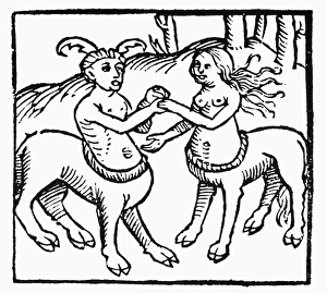 CENTAURS PLAYING, 1520. Young centaurs playing. Woodcut from Dialogues of Creatures Moralysed CENTAURS PLAYING, 1520. Young centaurs playing. Woodcut from Dialogues of Creatures Moralysed