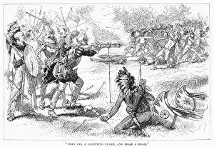 CHAMPLAIN FIGHTING NATIVE AMERICANS. Samuel de Champlains men, headed by a harquebusier CHAMPLAIN FIGHTING NATIVE AMERICANS. Samuel de Champlains men, headed by a harquebusier