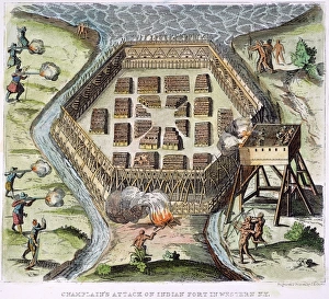 CHAMPLAIN: NATIVE AMERICAN FORT. Samuel de Champlains attack on an Indian fort in western CHAMPLAIN: NATIVE AMERICAN FORT. Samuel de Champlains attack on an Indian fort in western