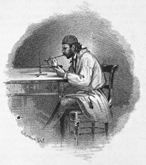CHEMIST, 1857. A chemist using a blow torch. Lithograph, 1857 CHEMIST, 1857. A chemist using a blow torch. Lithograph, 1857