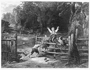 CHILDREN: GAMES & PASTIMES. The Old Farm Gate. Steel engraving after the painting by CHILDREN: GAMES & PASTIMES. The Old Farm Gate. Steel engraving after the painting by