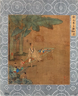 A Chinese sage sitting on a bench beneath banana trees, with servants preparing a meal A Chinese sage sitting on a bench beneath banana trees, with servants preparing a meal