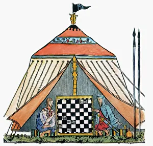 A Christian man and a Muslim man playing chess. Drawing after a 13th century Spanish manuscript illumination A Christian man and a Muslim man playing chess. Drawing after a 13th century Spanish manuscript illumination