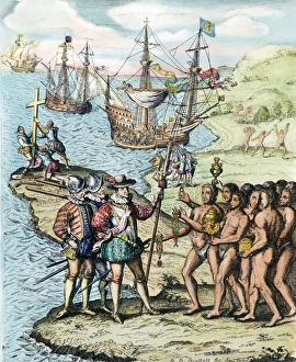 CHRISTOPHER COLUMBUS (1451-1506). Italian navigator. Landing on the island of Hispaniola CHRISTOPHER COLUMBUS (1451-1506). Italian navigator. Landing on the island of Hispaniola