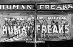 Prints of VERMONT: SIDESHOW, 1941. Banner advertising the main sideshow of Human Freaks at the Vermont State Fair in Rutland. Photograph by Jack Delano, September 1941 Rutland Prints: Vermont State Fair Sideshow Print, 1941