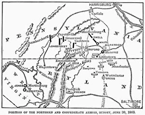 CIVIL WAR: GETTYSBURG. Map showing the positions of the Union and Confederate forces