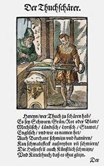 CLOTH SHEARER, 1568. Woodcut, 1568, by Jost Amman CLOTH SHEARER, 1568. Woodcut, 1568, by Jost Amman