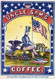 COFFEE LABEL, c1863. Label for Uncle Sams Coffee, with Uncle Sam seated on a cannon COFFEE LABEL, c1863. Label for Uncle Sams Coffee, with Uncle Sam seated on a cannon