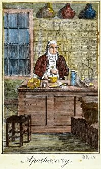 Thirteen Colonies Collection: A colonial American apothecary: colored line engraving, late 18th century