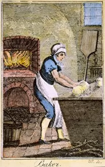 COLONIAL BAKER, 18th C. A colonial American baker. Color line engraving, late 18th century