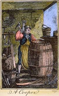 COLONIAL COOPER, 18th C. A colonial American cooper. Color line engraving COLONIAL COOPER, 18th C. A colonial American cooper. Color line engraving