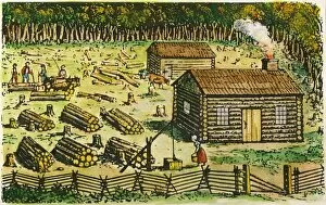 COLONIAL FARM SITE, 18TH C. An 18th century newly-cleared American farm site. Colored engraving, c1800
